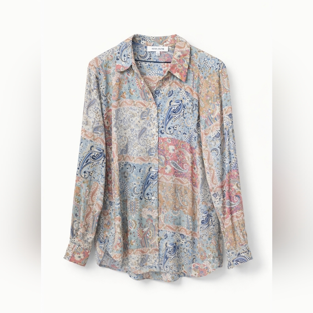 Rose + Olive Paisley Patchwork Button Down Blouse… - image 3